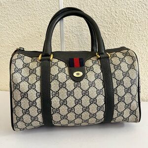 Gucci Beige GG Supreme Canvas Mini Boston Bag with Black Trim and Web Stripe